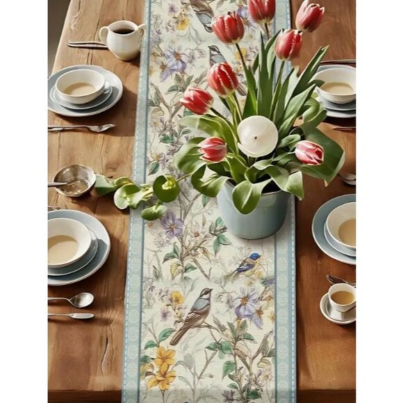 Table Runner 13x72in Woven Polyester Floral Branches Blue Birds - Picture 2 of 2